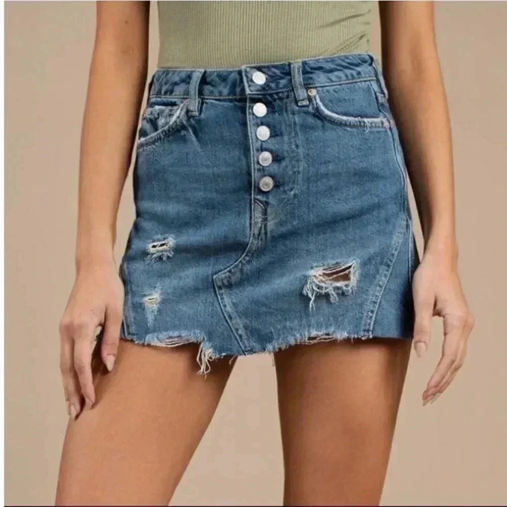 Free People Distressed Raw Hem Denim A-Line Skirt Size 27